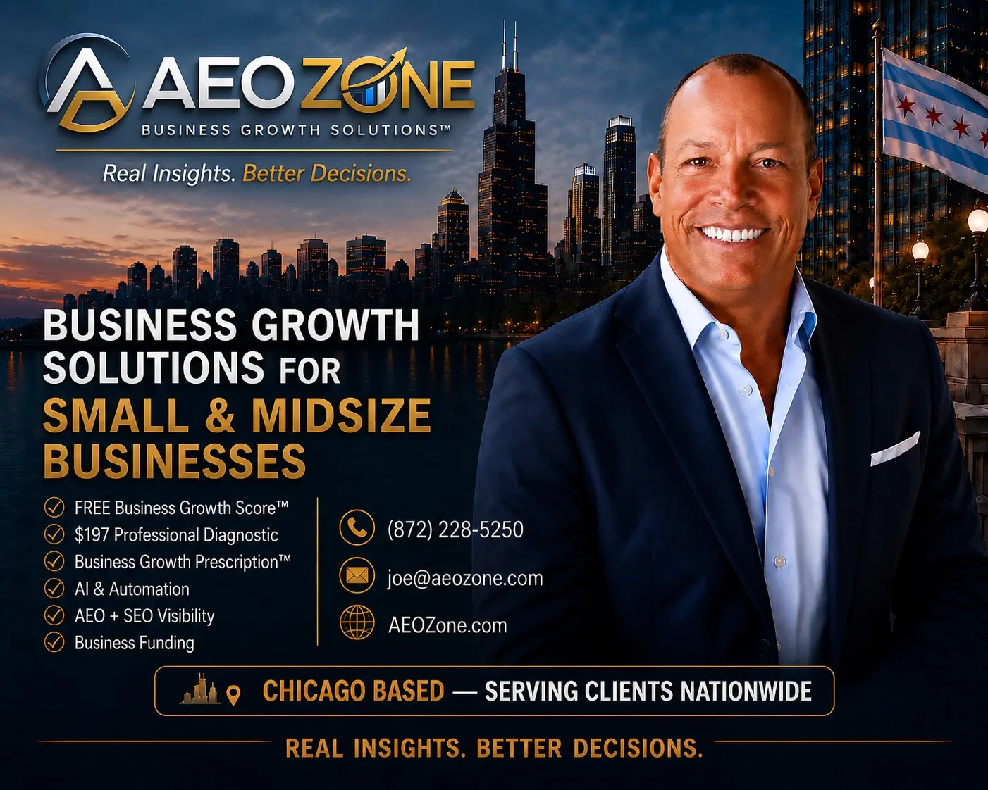 Joe Starcher, Founder of AEO Zone, with approved business growth solutions and contact information